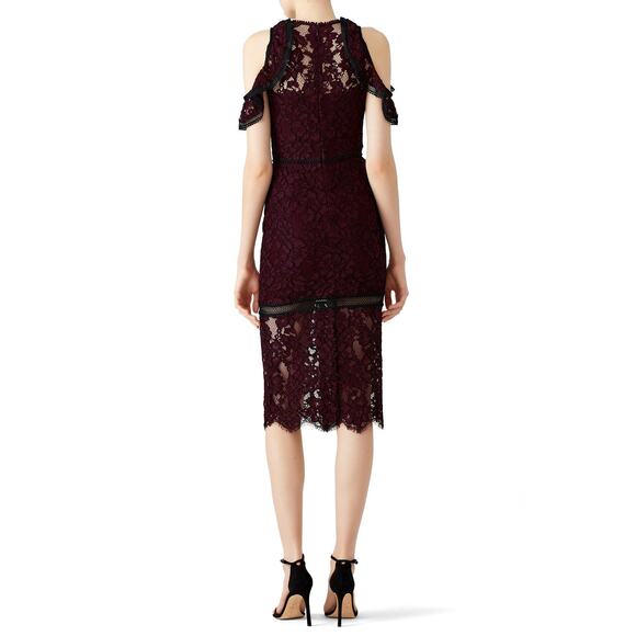 ALEXIS Evie Lace Midi Sheath Dress Womens Small Burgundy Crew Neck Cold Shoulder - Picture 3 of 16